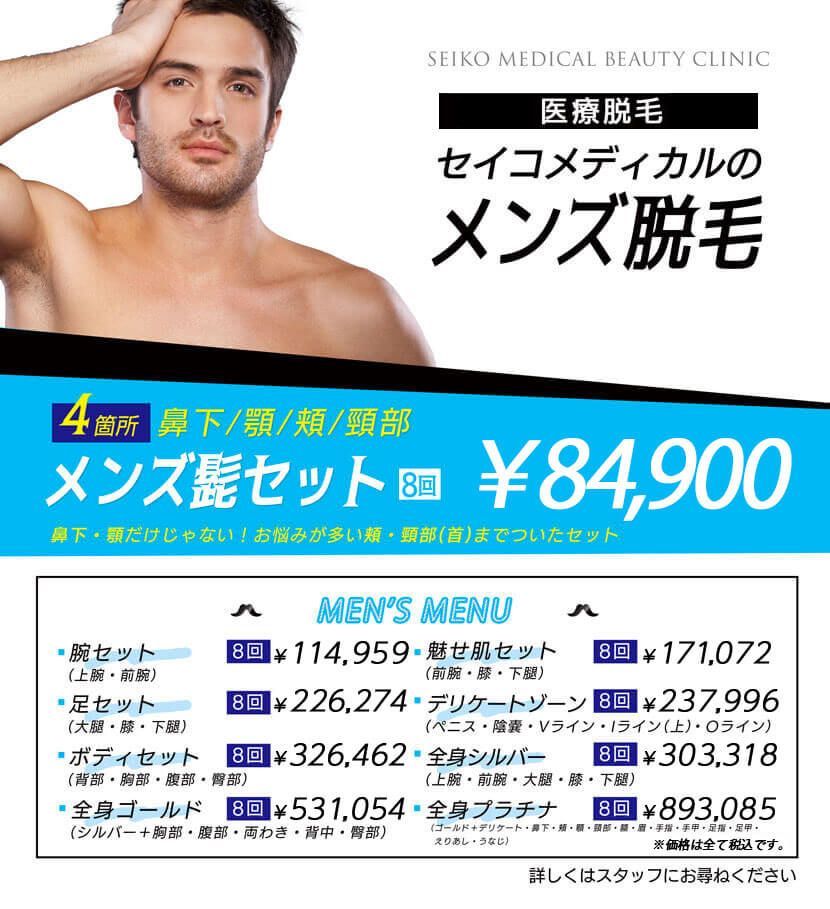 医療脱毛 セイコメディカルのメンズ脱毛 メンズ髭セット 8回 84,900円